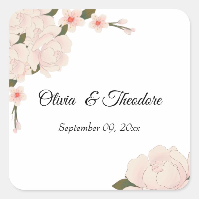 Elegant Romantic Blush Pink Floral Blossom Wedding Square Sticker (Front)