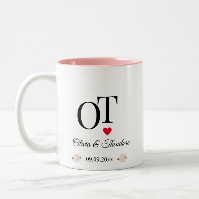 Elegant Romantic Blush Pink Floral Blossom Wedding Two-Tone Coffee Mug (Left)