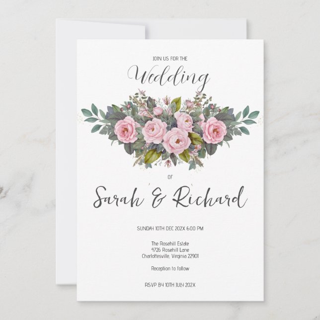 Elegant Romantic Blush Pink Garden Rose Wedding Invitation (Front)