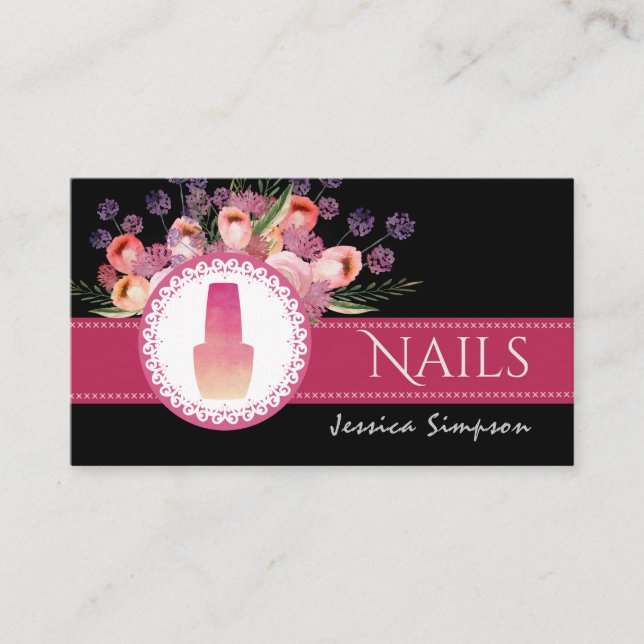Elegant romantic Boho watercolor floral nails Business Card (Front)