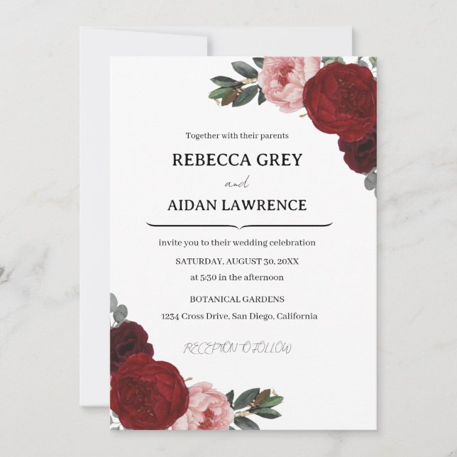 Elegant Romantic Botanical Burgundy Floral wedding Invitation (Front)