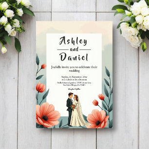 Elegant Romantic Bride And Groom Floral Wedding Invitation