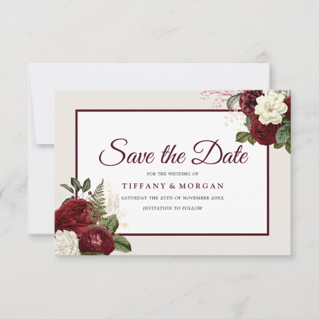 Elegant Romantic Burgundy Floral Wedding Save The Date (Front)