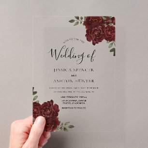Elegant Romantic Burgundy Red Rose Wedding Acrylic Invitations