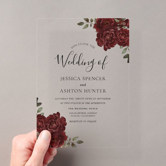 Elegant Romantic Burgundy Red Rose Wedding Acrylic Invitations (Insitu (Handheld))