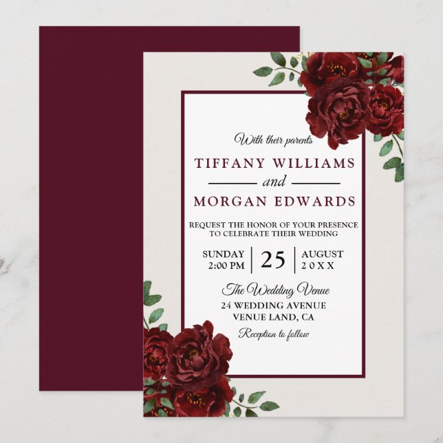 Elegant Romantic Burgundy Roses Wedding Invite (Front/Back)