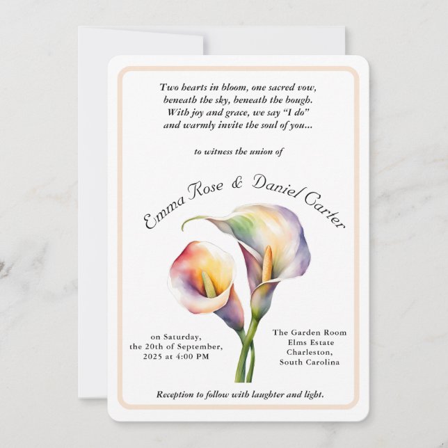 Elegant Romantic Calla Lily Soft Watercolor Pastel Invitation (Front)