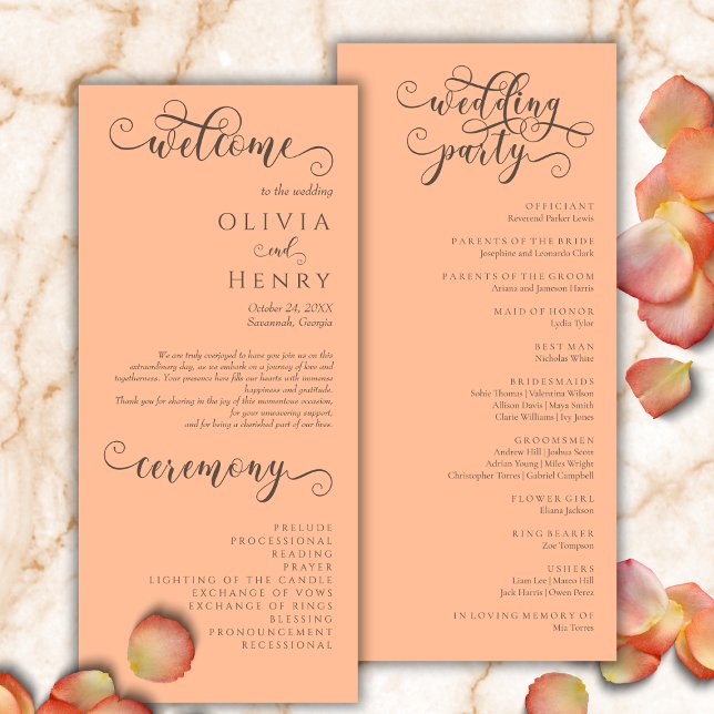 Elegant Romantic Calligraphy Peach Wedding Program (Creator Uploaded)