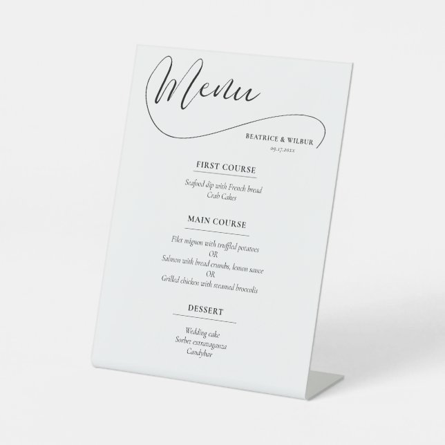Elegant romantic calligraphy wedding menu pedestal sign (Front)