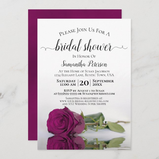 Elegant Romantic Cassis Purple Rose Bridal Shower Invitation (Front/Back)