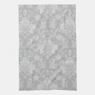 Elegant Romantic Chic Floral Damask-Grey Kitchen Towel