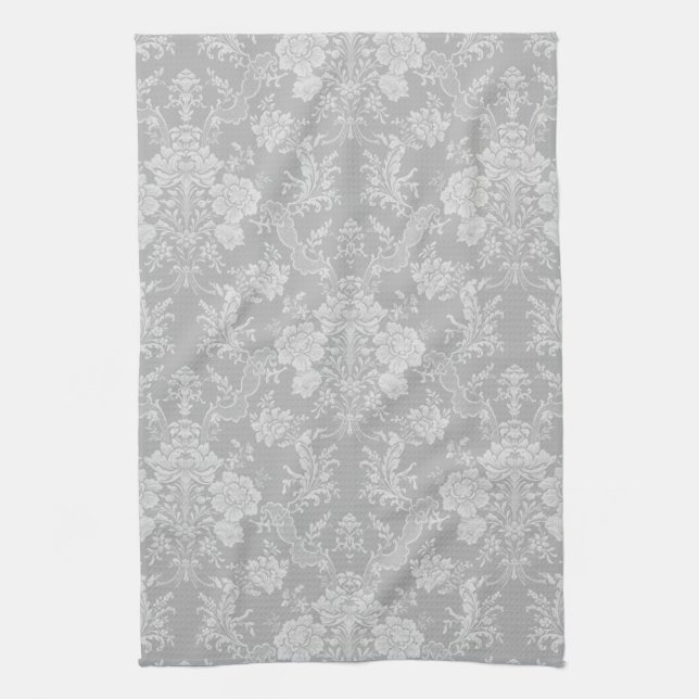 Elegant Romantic Chic Floral Damask-Grey Kitchen Towel (Vertical)
