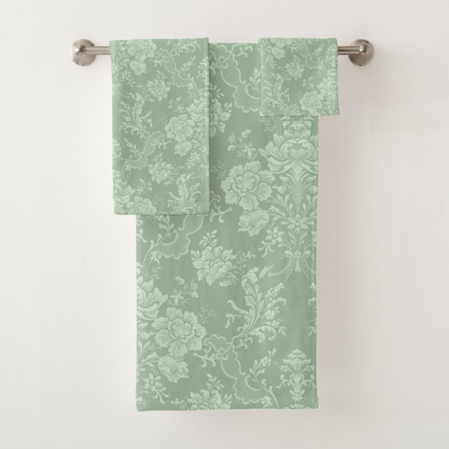 Elegant Romantic Chic Floral Damask-Sage Green Bath Towel Set (Insitu)
