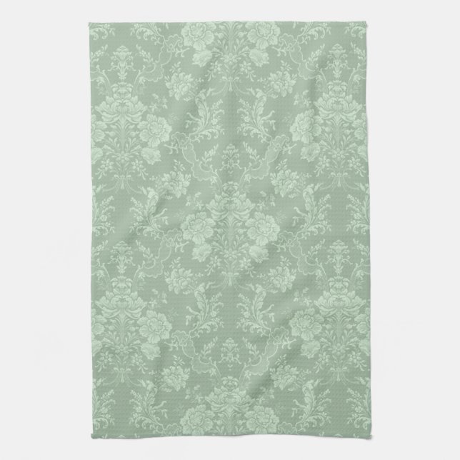 Elegant Romantic Chic Floral Damask-Sage Green Kitchen Towel (Vertical)