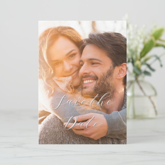 Elegant Romantic Colour Script 1 Photo Wedding Save The Date (Standing Front)