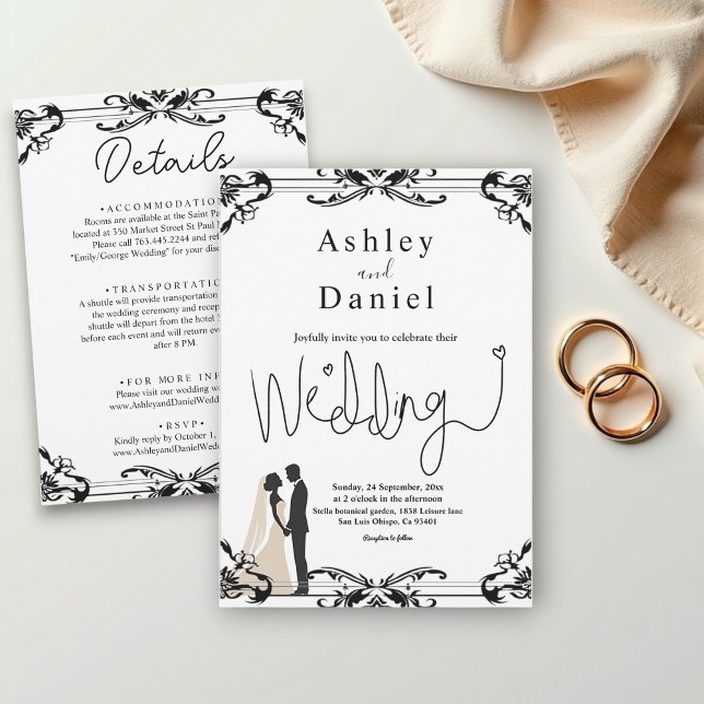 Elegant Romantic Couple Black And White Wedding Invitation (Creator Uploaded)