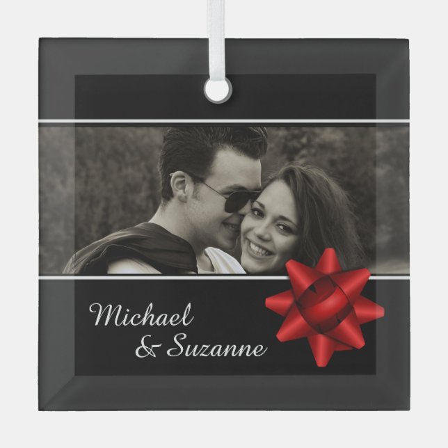 Elegant Romantic Custom Photo Red Ribbon Glass Ornament (Front)