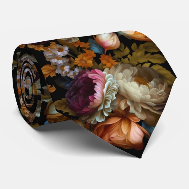 Elegant Romantic Dark Floral Grooms Wedding Tie (Rolled)