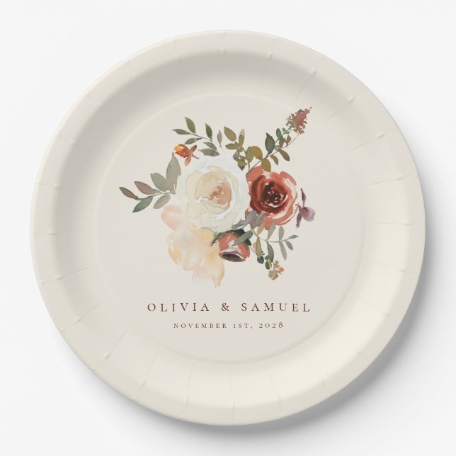 Elegant Romantic Fall Floral Red Wedding Paper Plate (Front)