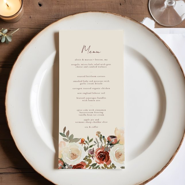 Elegant Romantic Fall Floral Rust Wedding Menu (Creator Uploaded)