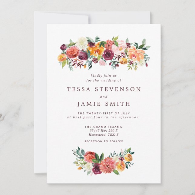 Elegant Romantic Fall Floral Wedding Invitation (Front)