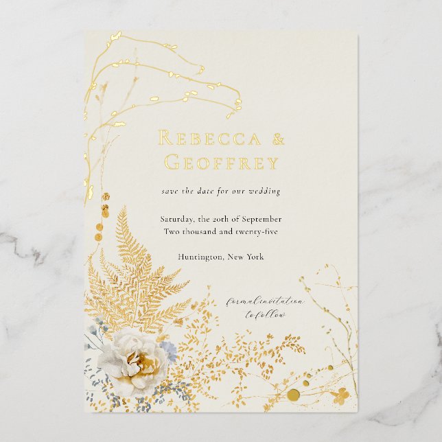 Elegant Romantic Floral Ferns Save the Date Gold (Front)