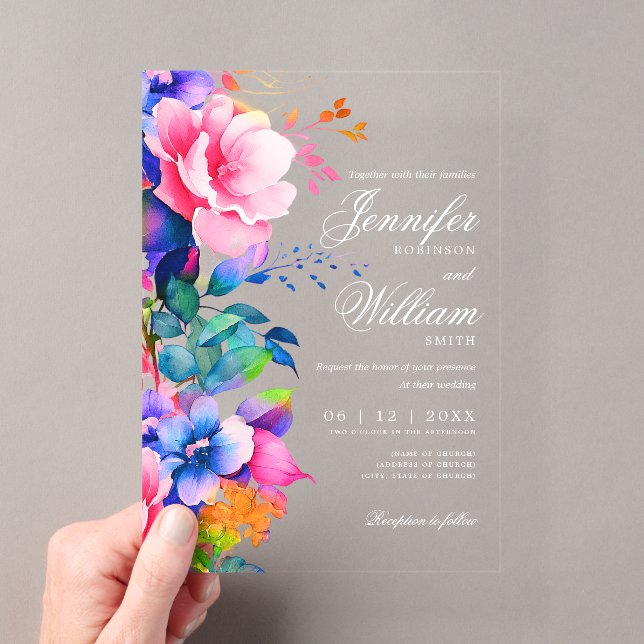 Elegant Romantic Floral Wedding Script Rainbow Acrylic Invitations (Insitu (Handheld))