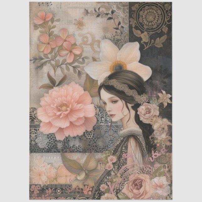 Elegant Romantic Girl Floral Abstract Art Collage  Tissue Paper (Front)