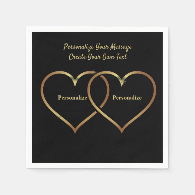 Elegant & Romantic Gold Hearts Black Personalize Napkin (Front)