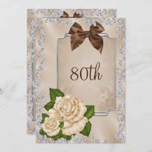 Elegant Romantic Ivory Roses & Bows 80th Invitation