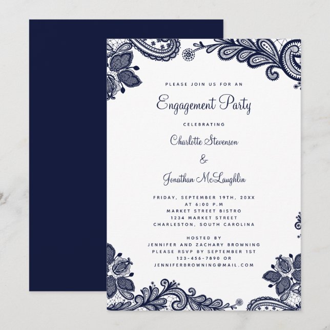 Elegant Romantic Lace Engagement Party Navy Blue Invitation (Front/Back)