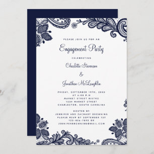 Elegant Romantic Lace Engagement Party Navy Blue Invitation