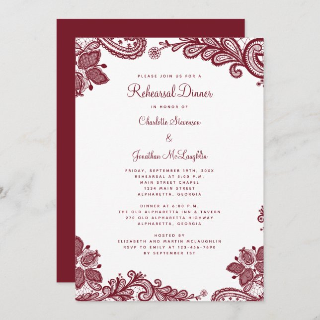 Elegant Romantic Lace Red Wedding Rehearsal Dinner Invitation (Front/Back)