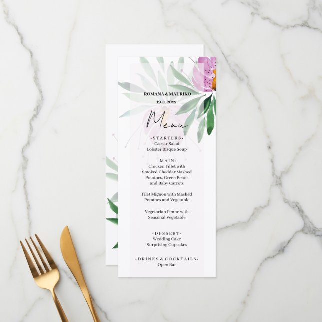 Elegant Romantic Lavender Lotus Menu (Front/Back In Situ)