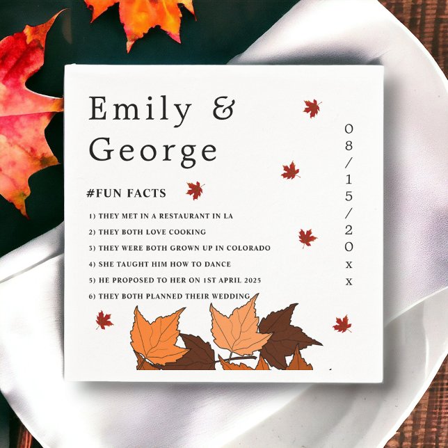 Elegant Romantic Leaves Fall Fun Facts Wedding Napkin (Creator Uploaded)