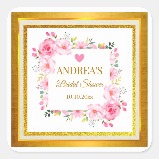 Elegant Romantic Modern Pink Floral Bridal Shower Square Sticker (Front)