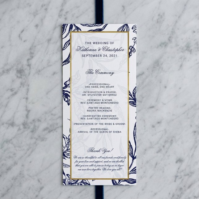Elegant Romantic Navy Blue Gold Botanical Wedding Program (Creator Uploaded)