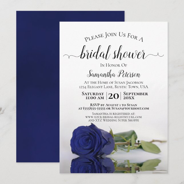Elegant Romantic Navy Blue Rose Bridal Shower Invitation (Front/Back)