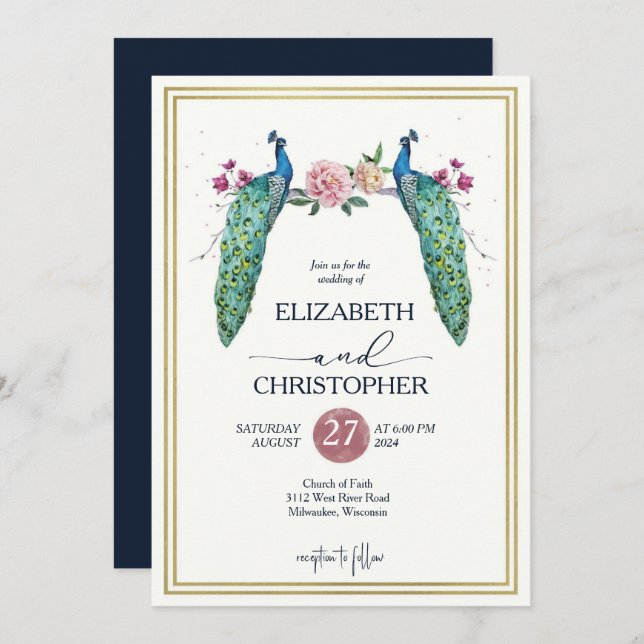 Elegant Romantic Peacocks in Love Wedding Invitation (Front/Back)