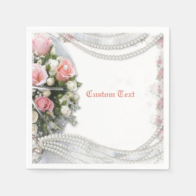 Elegant & Romantic Pearls & Roses Personalize Napkin (Front)