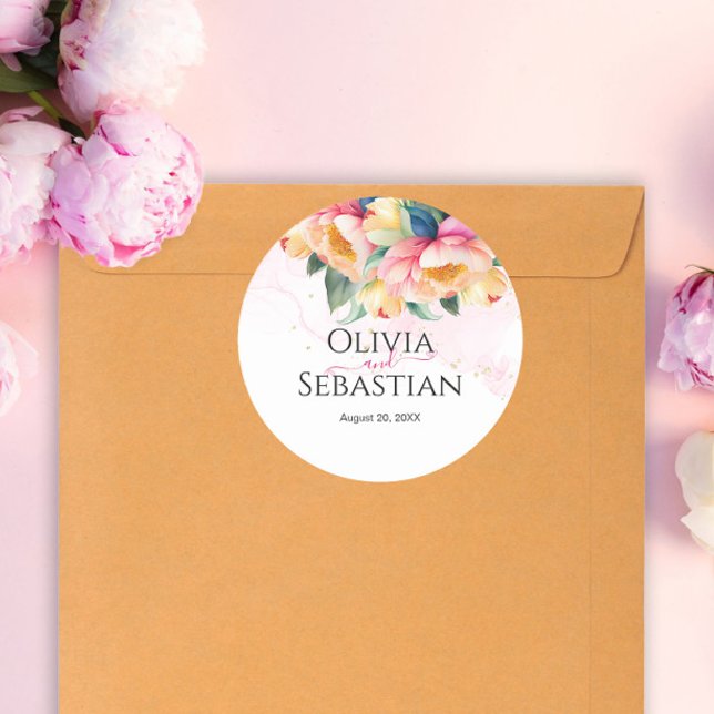 Elegant Romantic Peony Watercolor Wedding Classic Round Sticker (Creator Uploaded)