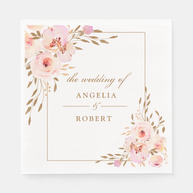 Elegant Romantic Pink Blush Gold Floral Wedding Napkin (Front)