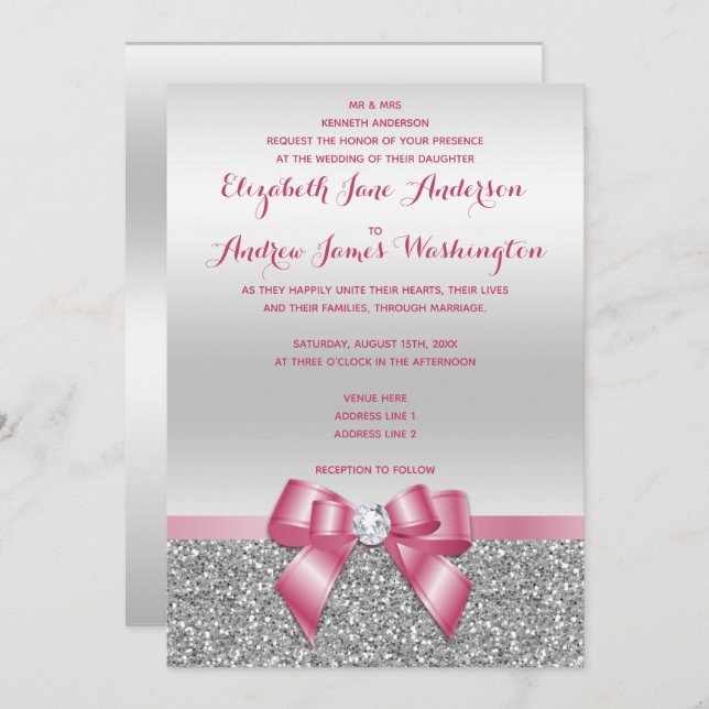 Elegant Romantic Pink Bow & Silver Glitter Wedding Invitation (Front/Back)