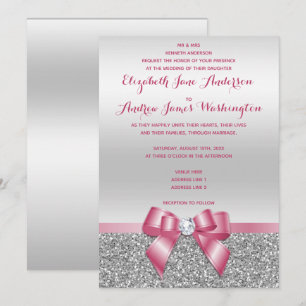 Elegant Romantic Pink Bow & Silver Glitter Wedding Invitation
