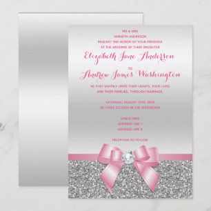 Elegant Romantic Pink Bow & Silver Glitter Wedding Invitation