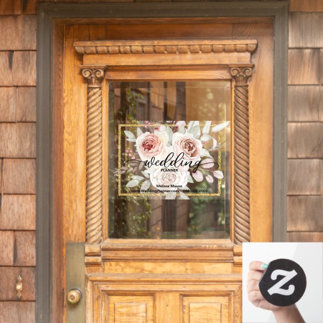 Elegant Romantic Pink Rose Wedding Planner Window Cling (Home Door)