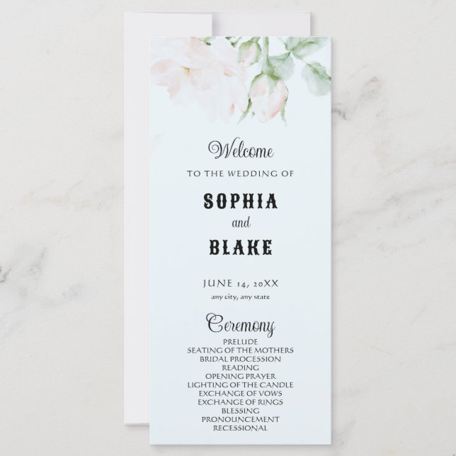 Elegant Romantic Pink Roses Blue Wedding Program (Front)