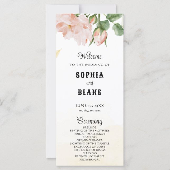 Elegant Romantic Pink Roses Yellow Wedding Program (Front)