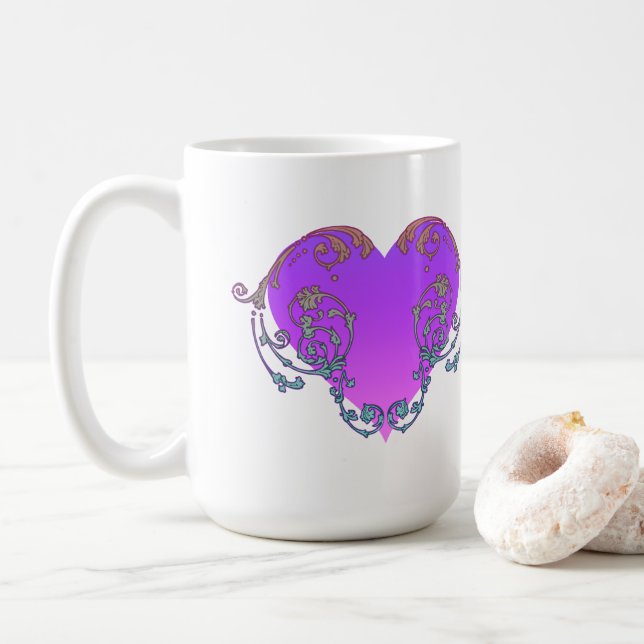 Elegant, Romantic Purple Heart with Flourish Coffee Mug (With Donut)