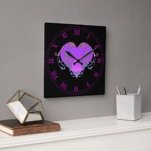 Elegant, Romantic Purple Heart with Flourish Square Wall Clock